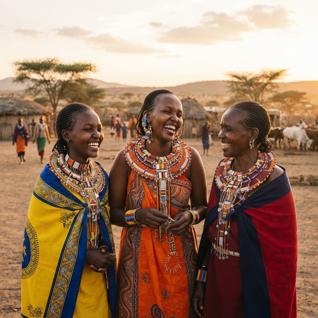 Group of Black African women from Turkana Kenya smiling together in a community empowerment setting
